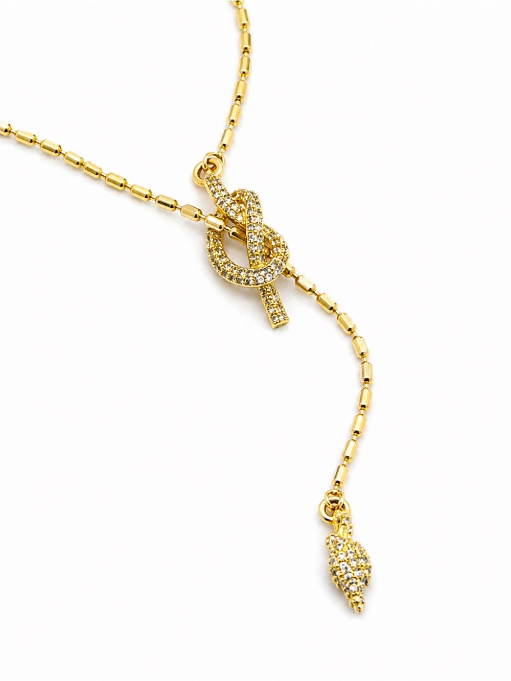 14K Gold Tone Rhodium Plated CZ Knot Lariat Necklace Adjustable Women Jewelry